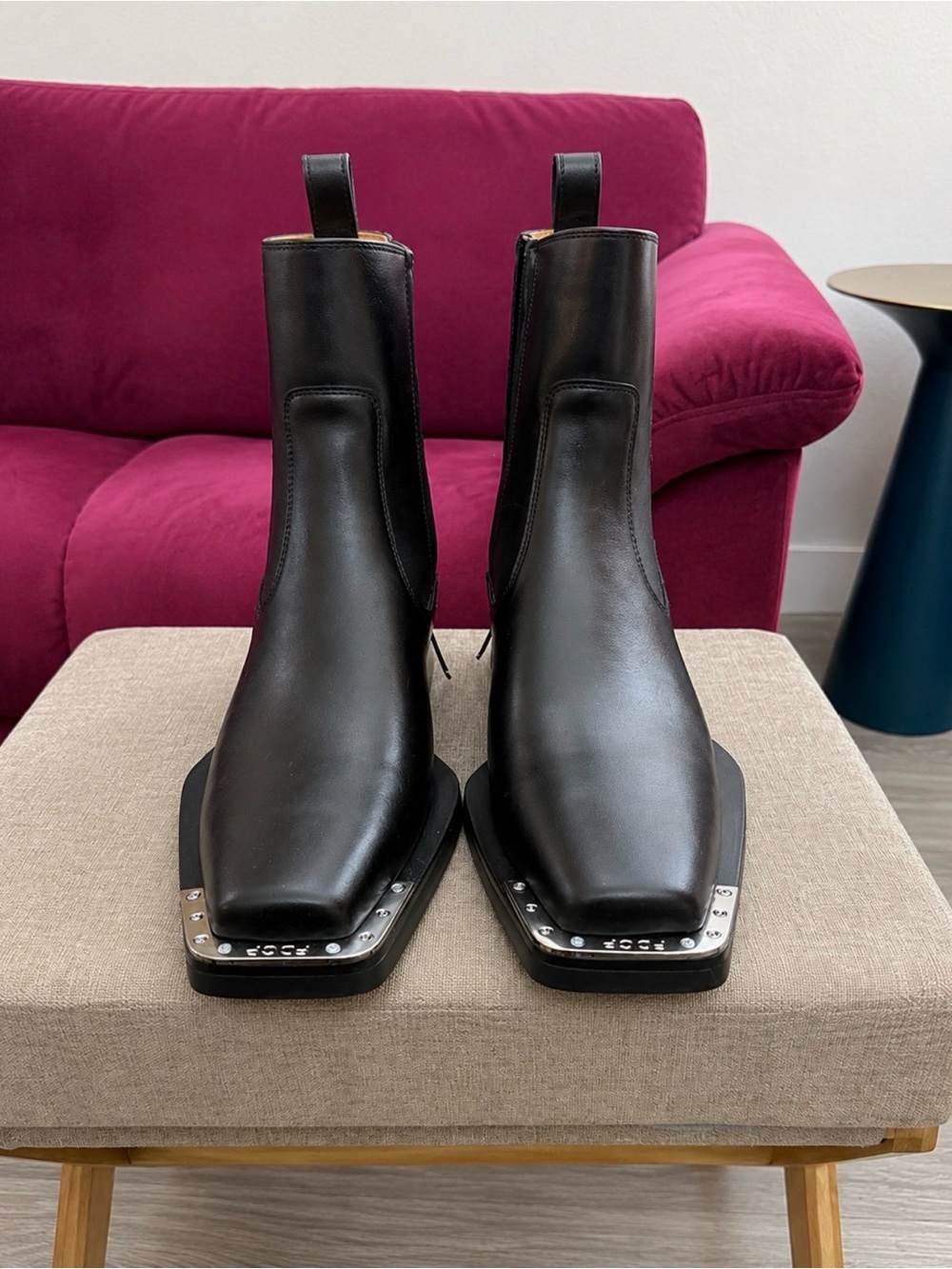 SHEIN Black Square Toe Western Boots with Silver Stud Accents